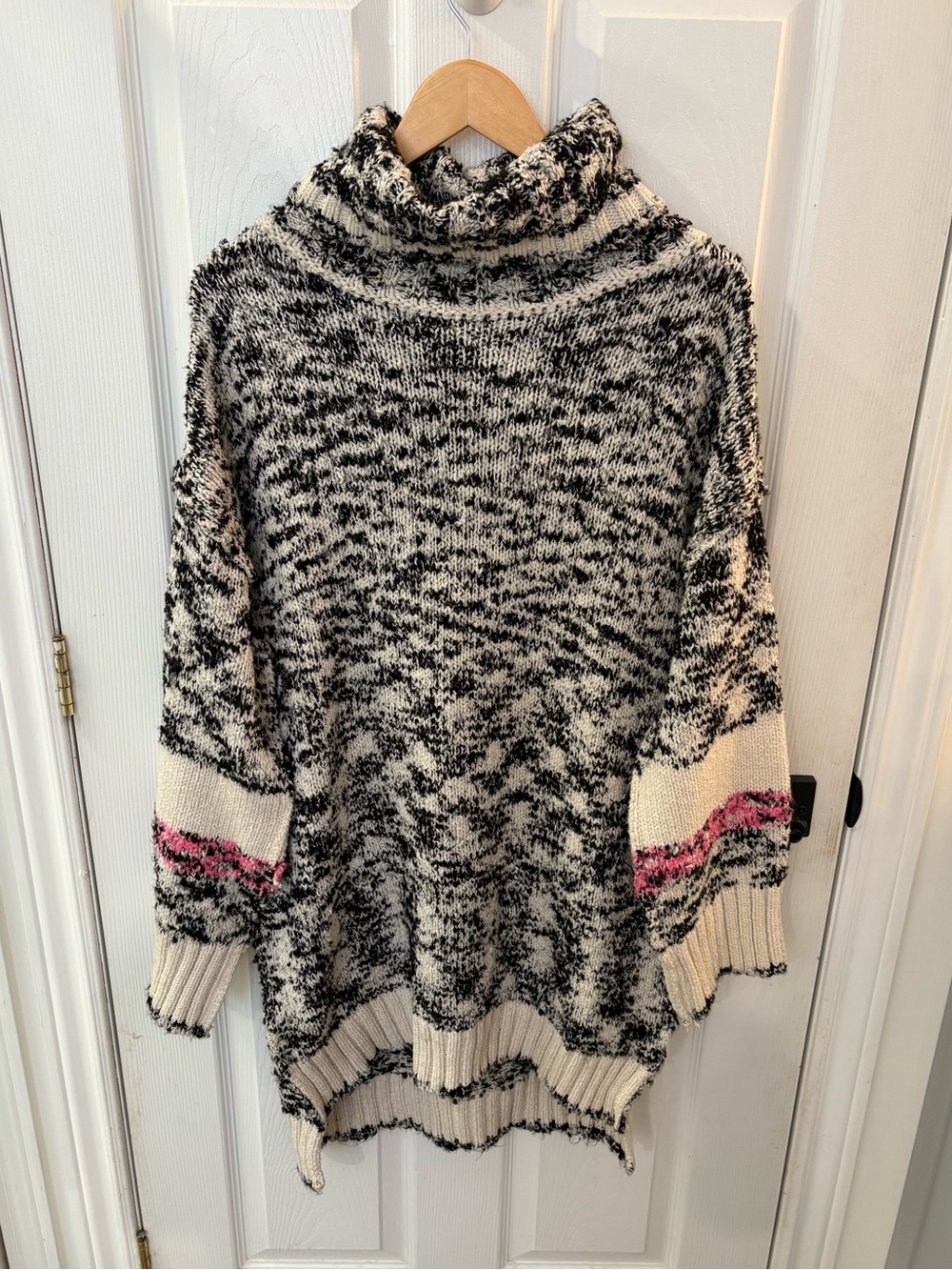 Free People Black & Cream Marled Turtleneck Sweater dress with Pink Sleeve Strip
